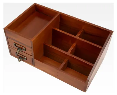 Produktbild von Schreibtisch Organizer aus Holz im antiken Retro-Stil mit 2 Schubladen