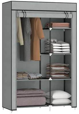 Produktbild von Stoffkleiderschrank - Faltbarer Kleiderschrank - 6 Ablagen - Kleiderstange - Metallrahmen - Mit Reißverschluss - 103 x 43 x 162,5 cm - Hellgrau