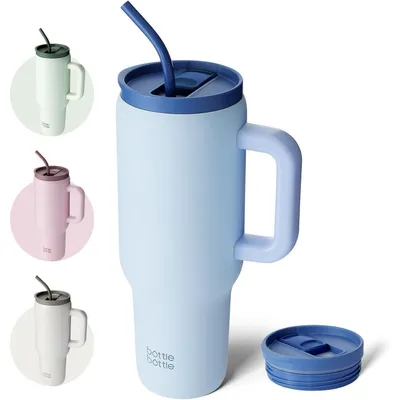 Produktbild von Kaffeebecher 1,1L Edelstahl mit Griff & Strohhalm Blau BPA-frei Isoliert