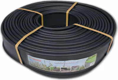 A coiled black plastic lawn edge product.