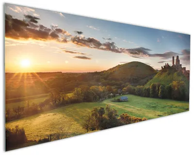 Produktbild von Wallario Küchenrückwand aus Glas, Größe: 125 x 50 cm, Motiv: Schlosspanorama in England bei Sonnenaufgang | Spritzschutz | abwischbar | pflegeleicht | in