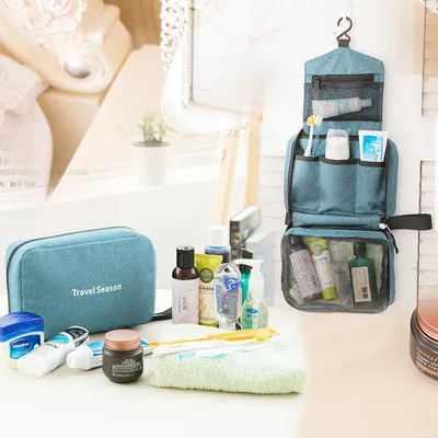 Imagen del producto de Honana HN-CB07: Estuche de viaje para cosméticos, impermeable, con gancho para colgar, organizador de maquillaje - Azul oscuro