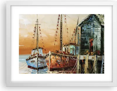 Produktbild von Gerahmtes Poster - Weißer Rahmen - Kutter Hafen Öl - 40x30 cm - Wand Bild - Wanddeko - Wandbilder - Kunstposter - Wandposter - Bilderrahmen - Bilder - Kunstdruck - Wandbild - P2WAA40x30-4216