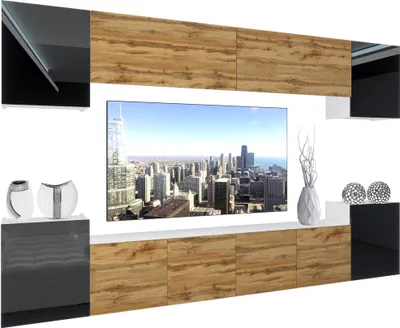 Produktbild von BELINI Wohnwand Vollausstattung Wohnzimmer-Set Moderne Schrankwand mit LED-Beleuchtung Weiß Glänzend Anbauwand TV-Schrank Schwarz / Wotan Eiche Glänzend/Matt