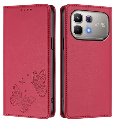 Image de Étui en cuir pour Infinix Note 60 5G, étui de protection type portefeuille en cuir gaufré « papillon » avec support, rouge