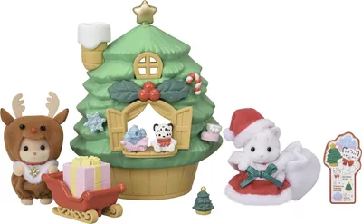 A Christmas-themed Sylvanian Families playset with figures and accessories, set against a white background.