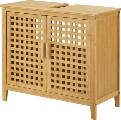 A wooden cabinet with a lattice door design.