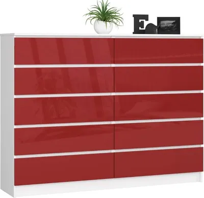 Produktbild von BDW, Kommode mit 10 Schubladen, 160×40×121 cm, K160, Weiß / Rot Hochglanz