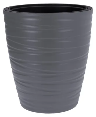Image de Bac à fleurs rond en plastique XL, gris, avec bac amovible - 53 x 47 cm - Bac à fleurs moderne au design ondulé, pour l'extérieur et l'intérieur