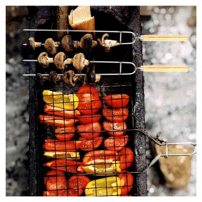 Produktbild von 10 Stück U-förmige Grillgabeln aus rostfreiem Edelstahl mit Holzgriff für Hähnchenflügel und Lammkeulen