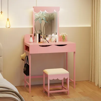 Produktbild von Schminktisch mit Beleuchtung, Stoffschubladen mit Spiegelschubladen, Helligkeit einstellbar, Schminktisch mit Schmuckablage, Holzfarbe