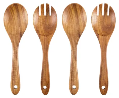 Salatbesteck aus Holz, 4-teilig, 26 cm, Löffel und Gabeln