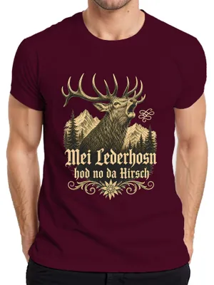 Obrázek produktu pro Pánské tričko Mei Lederhosn s motivem "Hirsch Bayern Lederhose Alpen", barva: vínová, velikost: XL