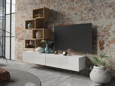 Produktbild von Wohnwand CALABRINI-30 Wohnzimmer-Set Hängewohnwand Schrankwand Schrank TV-Schrank Moderne Anbauwand Hochglanz (Weiß / Goldene Eiche)