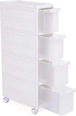 A white plastic rolling storage cart with four drawers is shown against a white background.