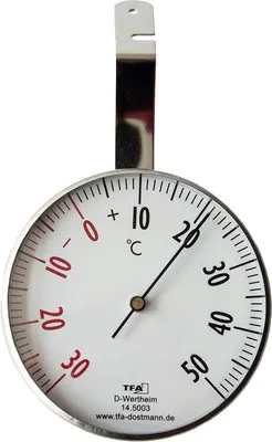 A close-up view of a circular analog thermometer.
