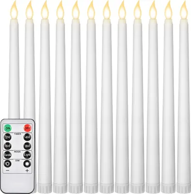 Produktbild von 12 Stück LED Stabkerzen Fernbedienung Batteriebetrieben,Tafelkerzen LED Kerzen Dimmbar Timer Flackernd Weihnachtsdeko Party Bankett Halloween,Weiß