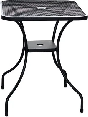 A square outdoor table with a glass top and black metal legs.