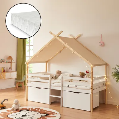 Obrázok produktu pre Domová posteľ "Surnadal" s matracom 90 x 200 cm s ochranou proti vypadnutiu, rebríkom a odnímateľnou strechou borovicové drevo biela / prírodná
