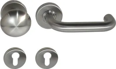 A set of stainless steel door hardware, including a doorknob, a lever handle, and two keyhole escutcheons, displayed against a white background.