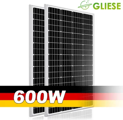Produktbild von 18V 600W Solarpanel Solarmodul Mono Photovoltaik Solarzelle 2x 300Watt PV Modul für 12Volt Batterien Wohnwagen Wohnmobil Boot Yacht RV Dachhalterungen