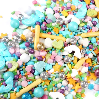 Produktbild von Streuselheld Regenbogenmagie 80g bunter Streuselmix mit Regenbögen, Herzen und Sternen als essbare Streudeko für Torten, Cupcakes und Kekse