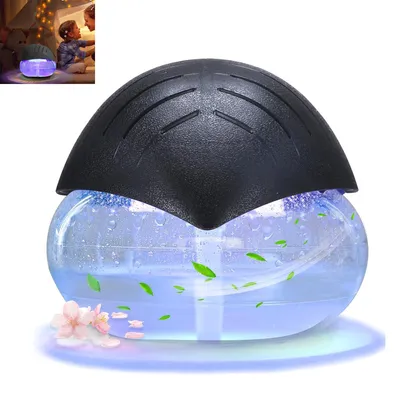 A black and clear air purifier with blue water and green leaves inside, with pink flowers at the base, lit with blue light.