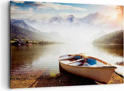 Produktbild von Bild auf Leinwand - Leinwandbild - Berge See Boot - 120x80cm - Wand Bild - Wanddeko - Wandbilder - Leinwanddruck - Bilder - Kunstdruck - Wanddekoration - Leinwand bilder - Wandkunst - AA120x80-3927