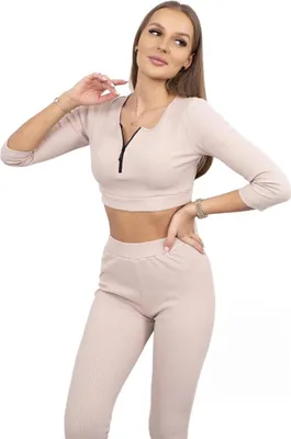 Produktbild von Hellbeiges geripptes kurzes Top-Set