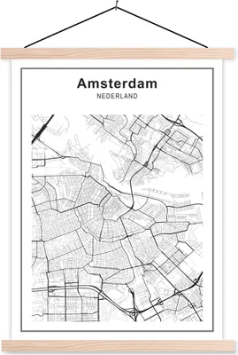 Produktbild von MuchoWow® Textilposter Stadtplan - Amsterdam - Schwarz und weiß 40x53 cm mit holzfarbenen Rahmen - Schlafzimmer