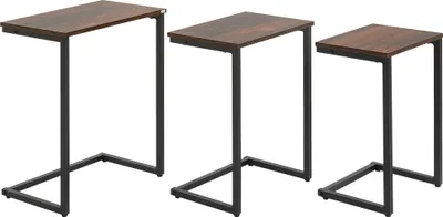 Produktbild von 3er-Set Beistelltische C-förmige Satztische im Industriedesign, platzsparend mit Stahlgestell, rustikal-braun für Wohnzimmer
