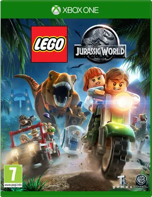 Cover art for the Lego Jurassic World video game for Xbox One, featuring Lego characters, dinosaurs, and vehicles in a jungle setting.