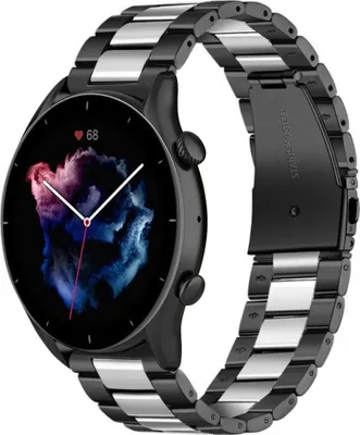 Produktbild von Strap-it Stahlarmband - Kompatibel mit Amazfit GTR 3 (Pro) Armband Ersatzarmband Edelstahl - Gliederarmband mit Faltschließe - Hochwertiges Material - für Smartwatch 22mm Armband Schwarz / Silber