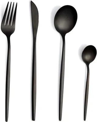 Produktbild von 24-teiliges Besteck Set für 6 Personen - Schwarz Matt Edelstahl Besteck Set mit Messern, Gabeln, Löffeln - Spülmaschinenfest für Party, Kampere