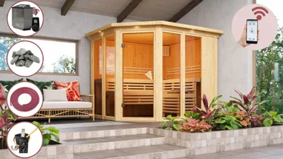 Produktbild von Karibu Sauna Innensauna Heimsauna LINA Sparset 246x211 cm inkl. 9kw Ofen mit HUUM Wifi (App fähig) Steuerung