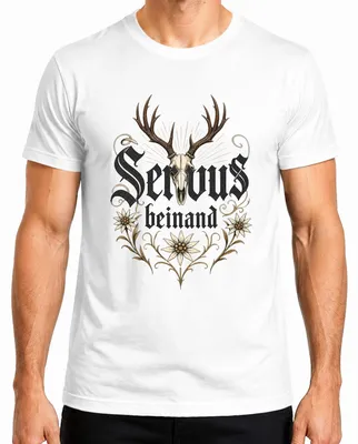 Imagen del producto de Camiseta de hombre con motivos de "Servus", "beinand Hirsch" (ciervo), "Geweih" (astas) y "Edelweiss", estilo tradicional, pantalones de cuero, camiseta, color blanco, talla L