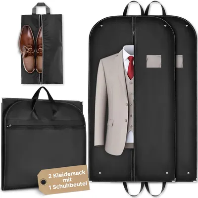 Produktbild von Kleidersack 2er Set Schwarz mit Schuhbeutel 110 x 60 cm Vliesstoff