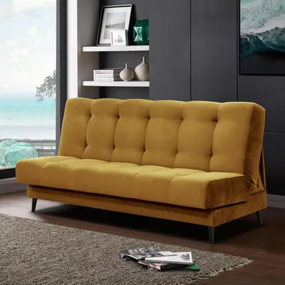 Produktbild von Schlafsofa Nancy Sofa mit Schlaffunktion Bettkasten Polstersofa aus Velour 195 cm Dreisitzer mit Holzbeine, Stoff: kronos 01 - senfgelb