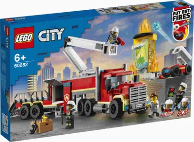 A LEGO City fire truck playset box, showing the toy in action with firefighters and a burning building.