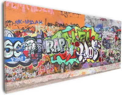 Produktbild von Wallario Premium Leinwandbild RAP-Graffiti- Wand mit verschiedenen Tags in Größe 30 x 75 cm