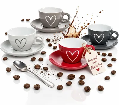 4 Espressotassen mit Herz & Untertassen, Keramik, 6,5 cm