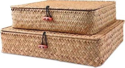 Zdjęcie produktu dla Pudełka organizacyjne Rotan – zestaw dekoracyjny w stylu boho – naturalna trawa morska – plecione pudełka organizacyjne na drewniane blaty – zestaw 2-częściowy – naturalny wzór