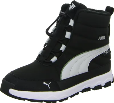 A studio shot of a single black Puma boot with white accents.