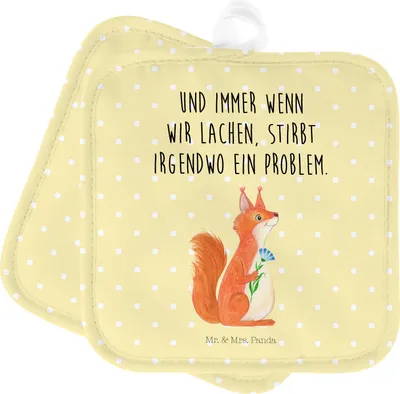 Produktbild von Mr. & Mrs. Panda 2er Set Topflappen Eichhörnchen Blume - Gelb Pastell - Geschenk, Topfhandschuh, Ofenhandschuh, Gute Laune, Topflappen Set, lustige Sprüche, Tiere