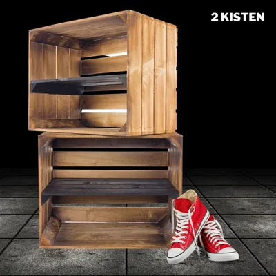Produktbild von 2x GEFLAMMTES SCHUHREGAL mit schwarzem Regalbrett / NEU / Obstkiste 50x40x30 cm / Deko