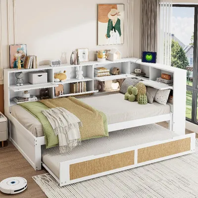 Immagine prodotto di Divano letto imbottito 90x200 con porta USB, letto singolo con rete a scomparsa 90x190 e vani contenitori, struttura letto bianca per cameretta
