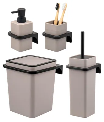 Produktbild von bremermann Bad-Set SAVONA 4tlg. mit Seifenspender, Becher, Kosmetikeimer 6 Liter und WC-Garnitur aus Kunststoff in Taupe