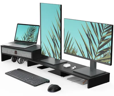 Obrázek produktu pro Omgoods - Stojan na dvě monitory s zásuvkou - Ergonomický dřevěný podstavec pod monitory pro 2 monitory, černý
