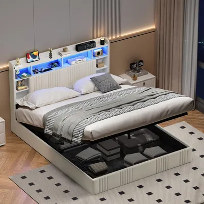Produktbild von ProximaX Stauraumbett 160x200 cm Beige Leinen mit Hydraulik, RGB-LED, USB & Kopfteilregal