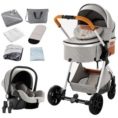 Image de Poussette - Poussette combinée 3-en-1 - Nacelle - Siège réversible - Pliage à une main - Roues avec suspension - Jusqu'à 20 kg - Gris clair